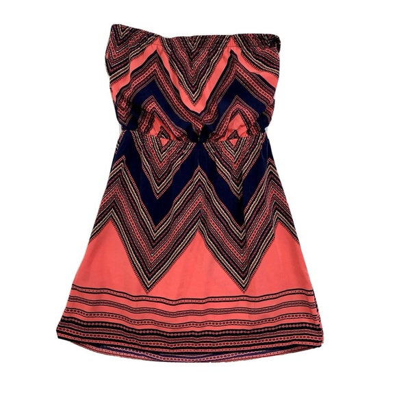 Express Navy Blue Coral Pink Strapless Tube Vacation Beach Print Dress 2 (A3) - Picture 4 of 7